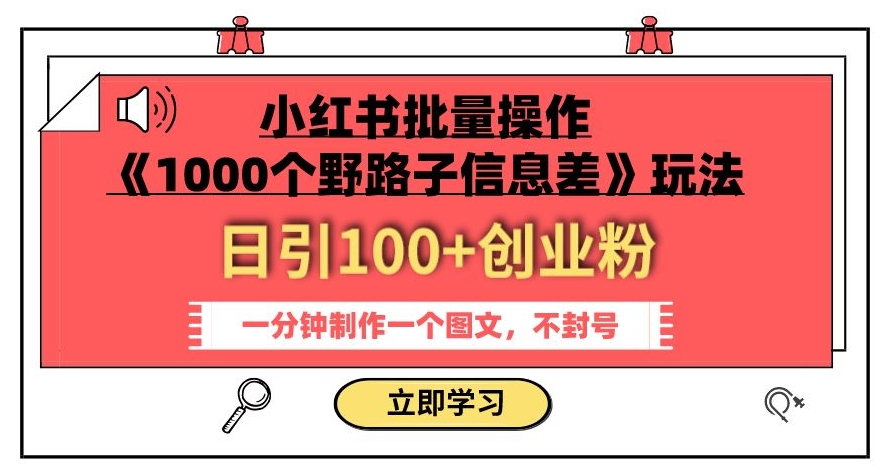 小红书批量操作《1000个野路子信息差》玩法，一分钟制作一个图文，不封号，日引100+创业粉-源创资源网