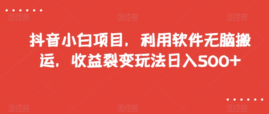 抖音小白项目，利用软件无脑搬运，收益裂变玩法日入500+【揭秘】-源创资源网