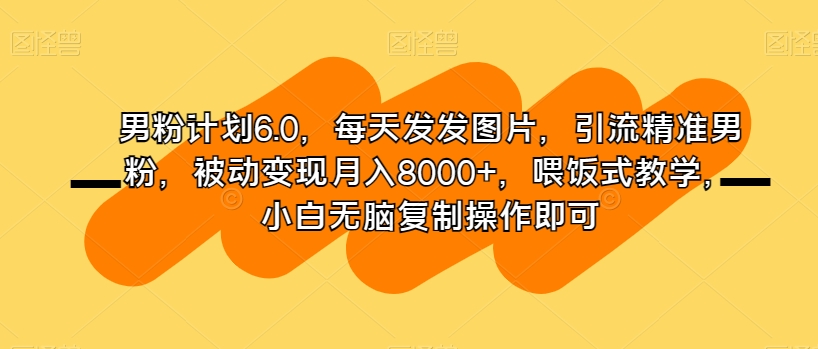 男粉计划6.0，每天发发图片，引流精准男粉，被动变现月入8000+，喂饭式教学，小白无脑复制操作即可-源创资源网