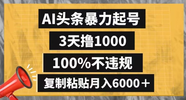 AI头条暴力起号，3天撸1000,100%不违规，复制粘贴月入6000＋【揭秘】-源创资源网