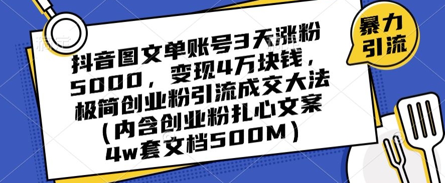 抖音图文单账号3天涨粉5000，变现4万块钱，极简创业粉引流成交大法-源创资源网