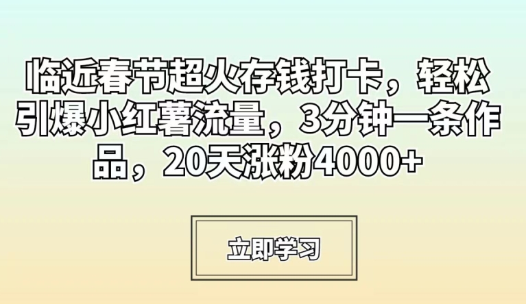 临近春节超火存钱打卡，轻松引爆小红薯流量，3分钟一条作品，20天涨粉4000+【揭秘】-源创资源网