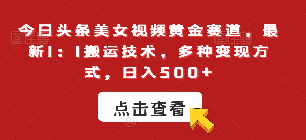 今日头条美女视频黄金赛道，最新1：1搬运技术，多种变现方式，日入500+【揭秘】-源创资源网