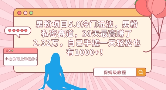 男粉项目5.0冷门玩法，男粉私密赛道，30天最高赚了2.32万，自己手搓一天轻松也有1000+【揭秘】-源创资源网