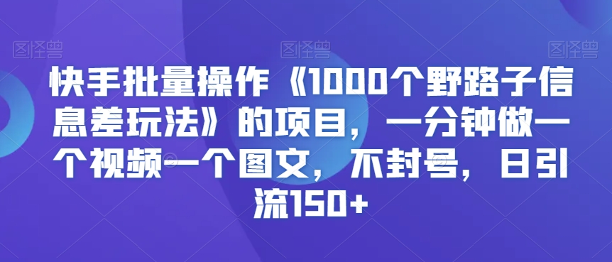 快手批量操作《1000个野路子信息差玩法》的项目，一分钟做一个视频一个图文，不封号，日引流150+【揭秘】-源创资源网